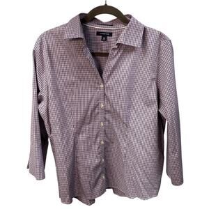Lands End Womens‎ 18p Pinpoint Oxford 3/4 Sleeve Plaid Purple Classic Preppy